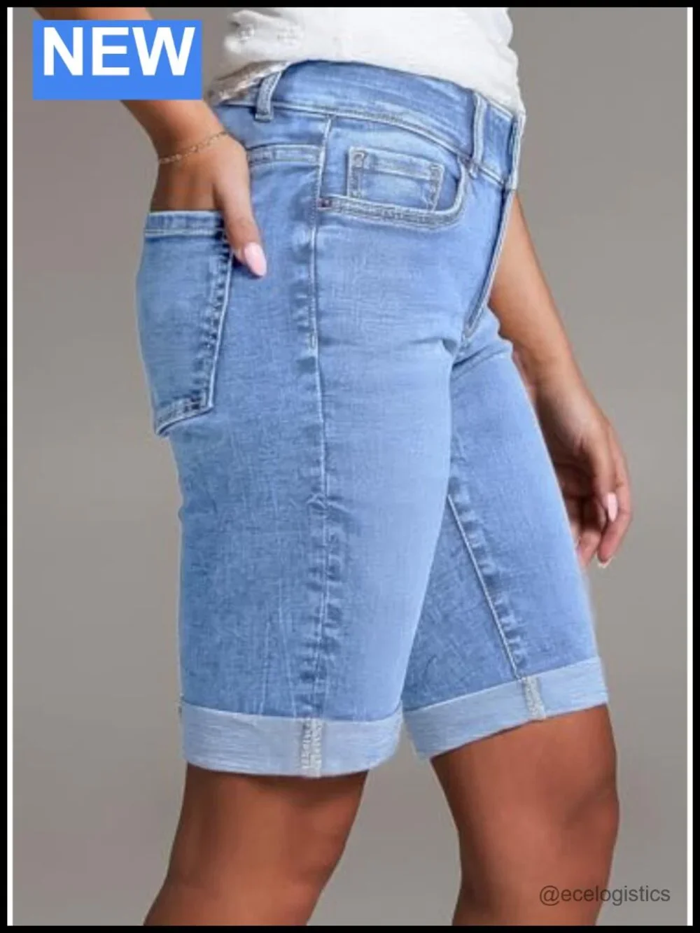 Women's High Waisted Bermuda Jean Shorts with Rolled Hem